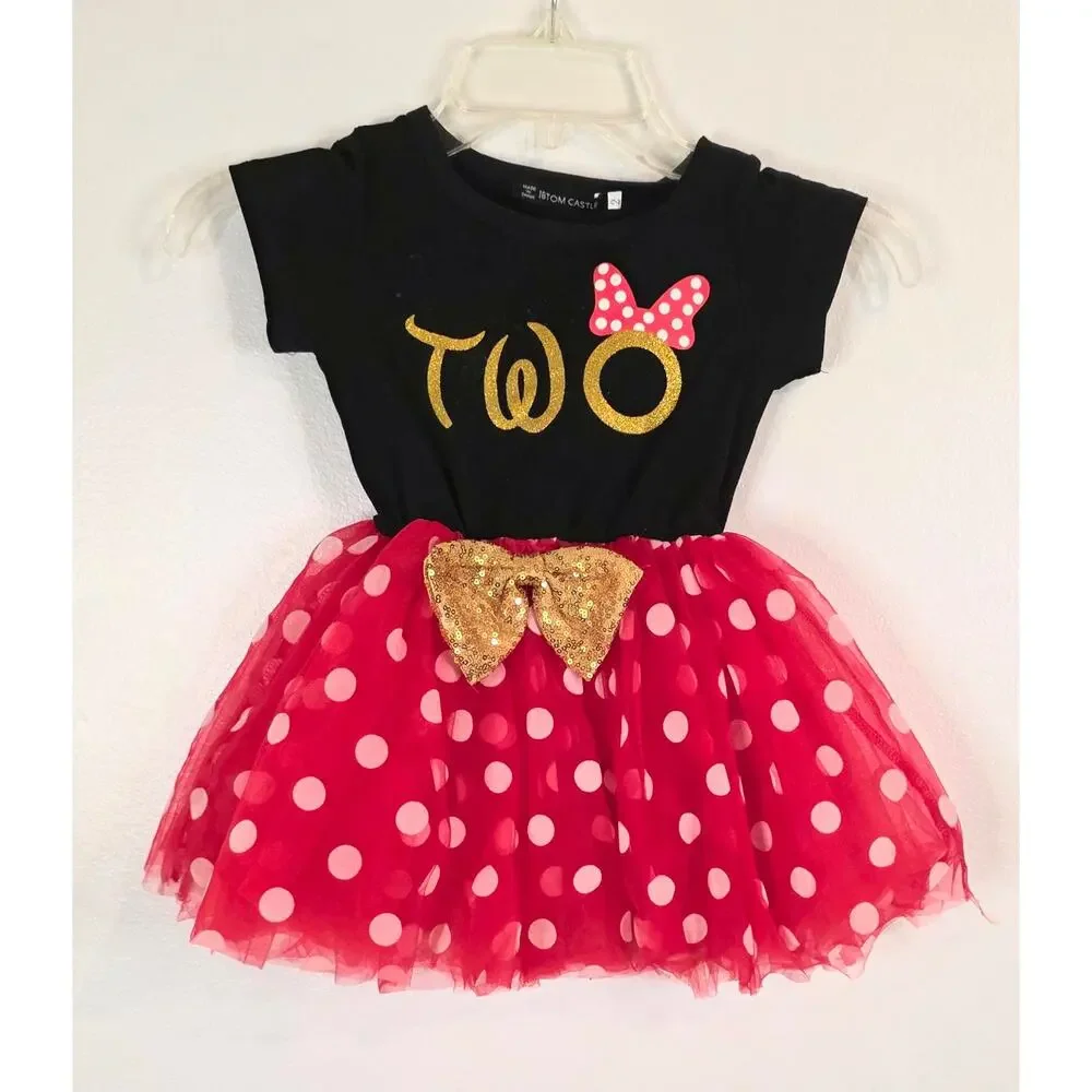 IBTOM CASTLE Toddler Girl 2nd Birthday Minnie Mouse Dress Size 2 Black Red Gold